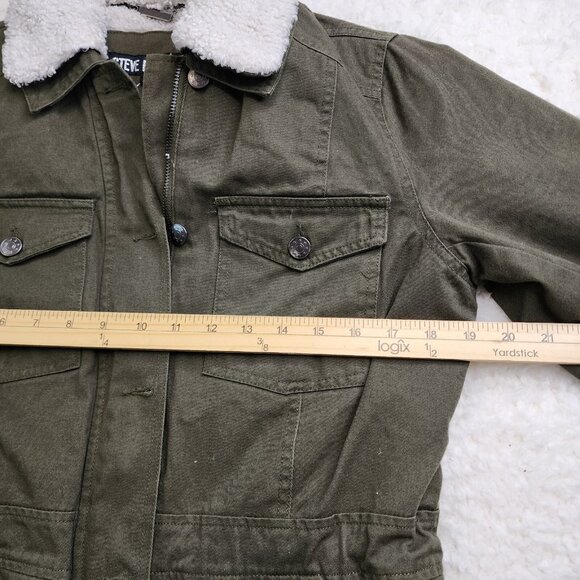Steve Madden Jacket Coat Sm Army Green Zip Button Chore Sherpa Collar Pockets - Picture 4 of 13
